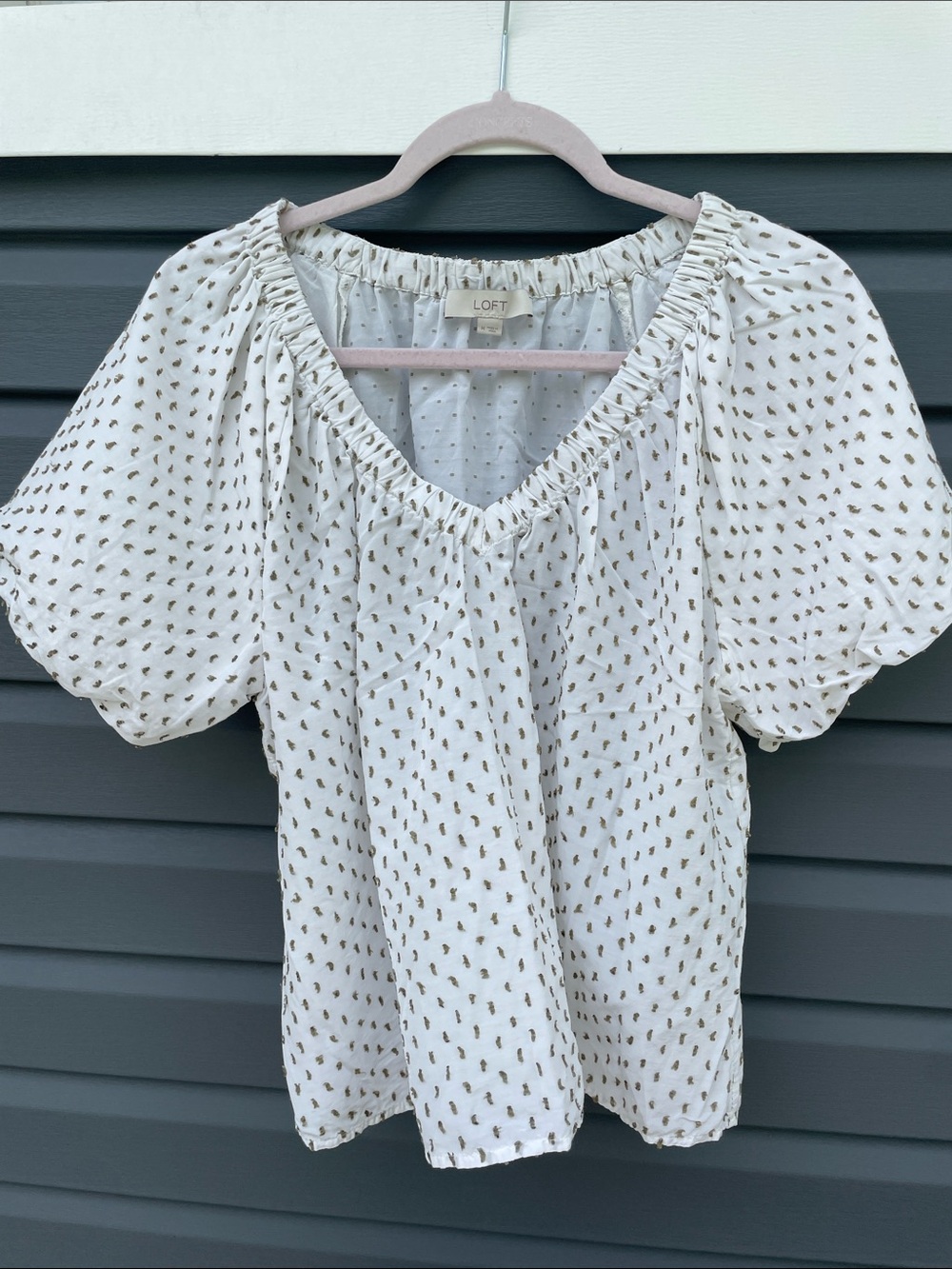 LOFT Cream Puff Sleeve V-Neck Blouse with Green Dot Print